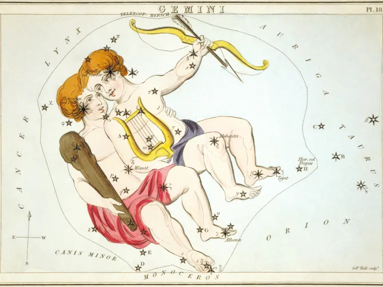 Gemini as drawn in Sidney Hall's star chart Urania's Mirror (1825)