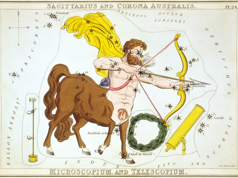 Sagittarius as drawn in Sidney Hall's star chart Urania's Mirror (1825)