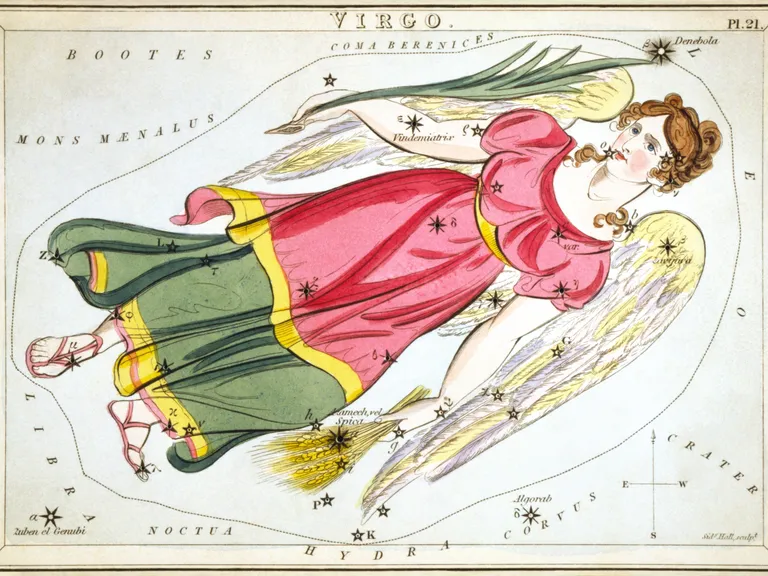 Virgo as drawn in Sidney Hall's star chart Urania's Mirror (1825)