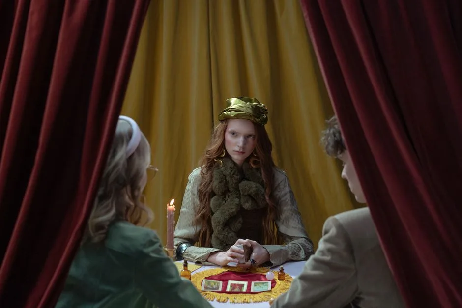 A mysterious fortune teller reads tarot cards for a couple in a mystical setting.