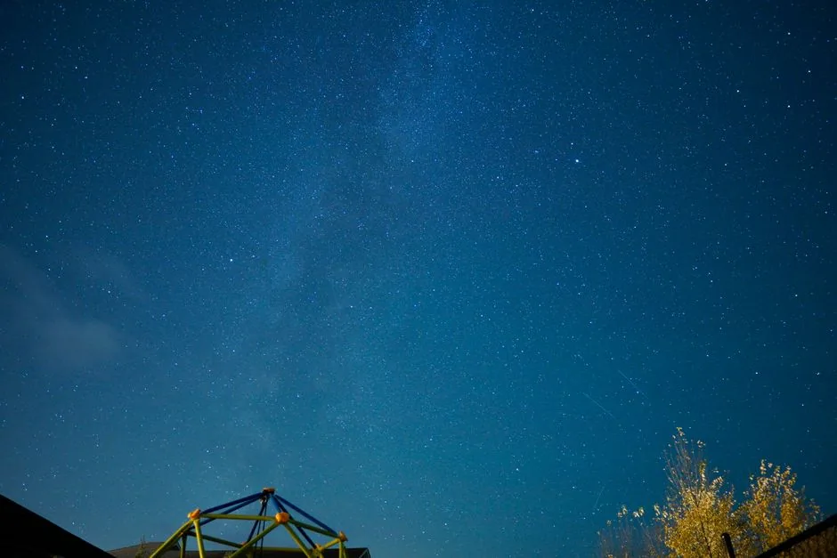 A stunning long exposure photograph capturing a star-filled night sky with subtle cloud formations and tree silhouettes.