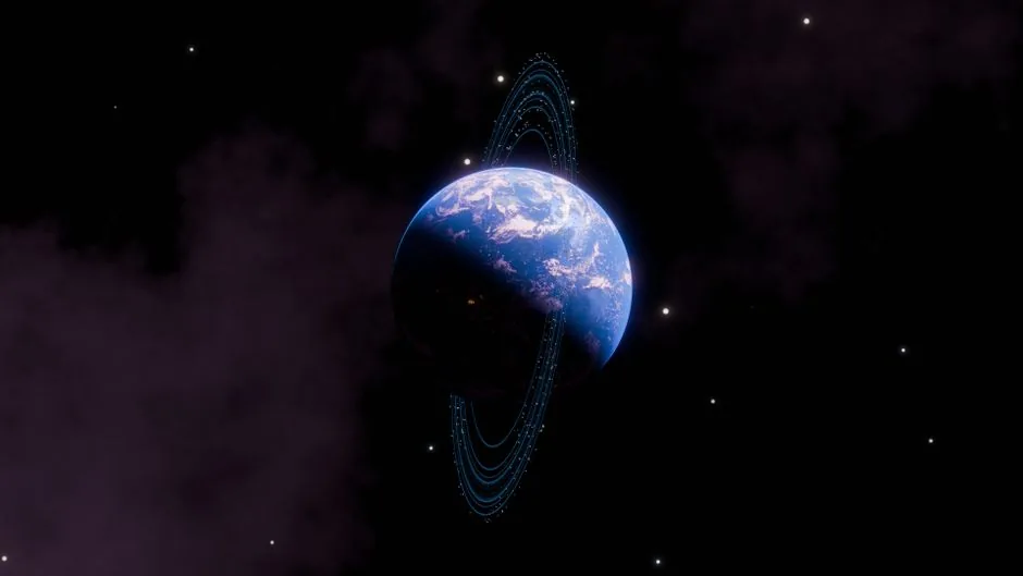 Digital depiction of the Earth with Saturn-like rings against a starry cosmic backdrop.